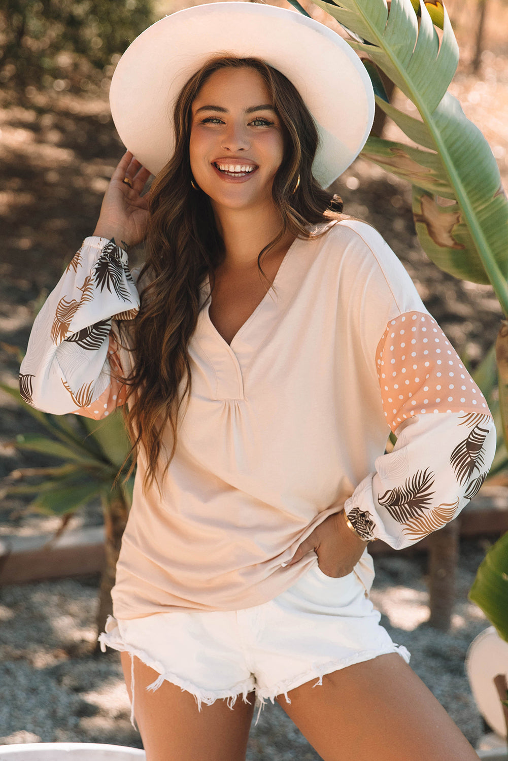 Alora Palm Leaves Polka Dot Loose Blouse